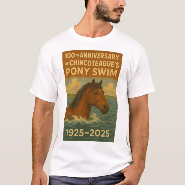 Camiseta Ilha Chincoteague 100º Aniversário de Pony Natação (Frente)