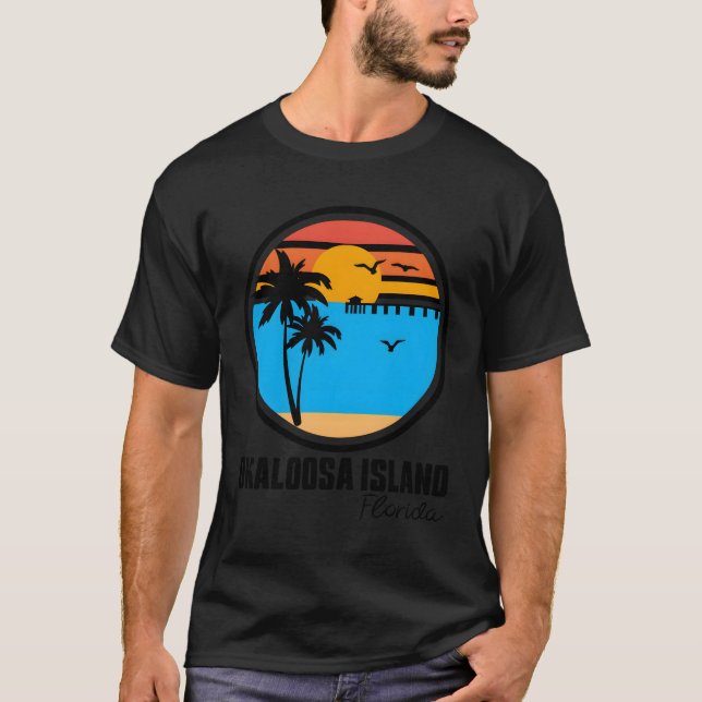 Camiseta Ilha Okaloosa Florida Sunset Ocean Palm Tree Fis (Frente)