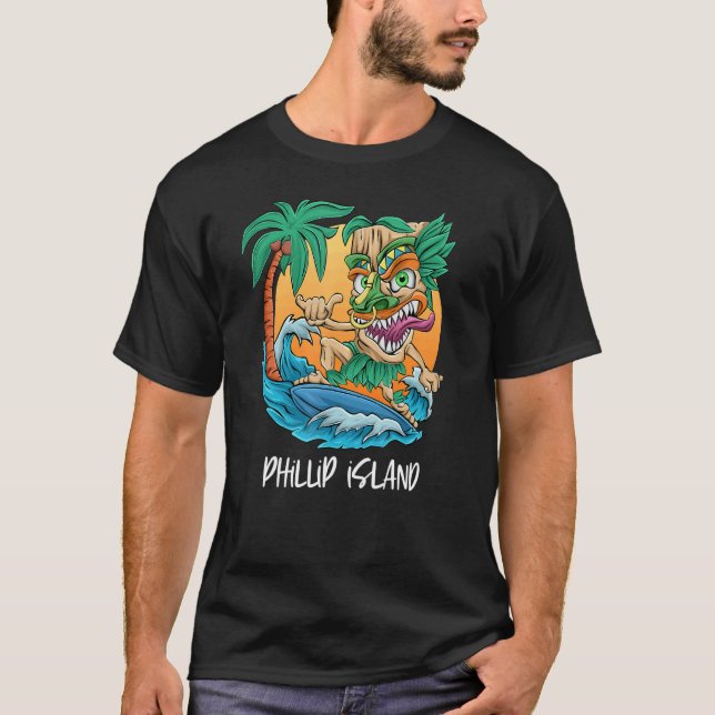 Camiseta Ilha Phillip, Austrália Palm Tree Surfing Beach V (Frente)