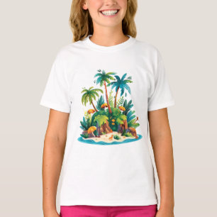 Camiseta Ilha Tropical – Cena Colorida de Praia com Palmeir