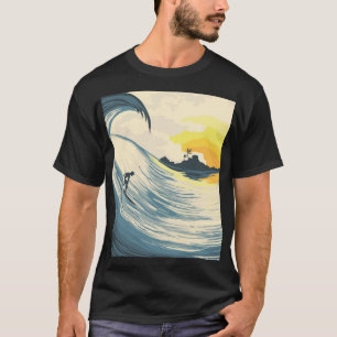 Camiseta Ilha tropical, onda, pôr do sol.