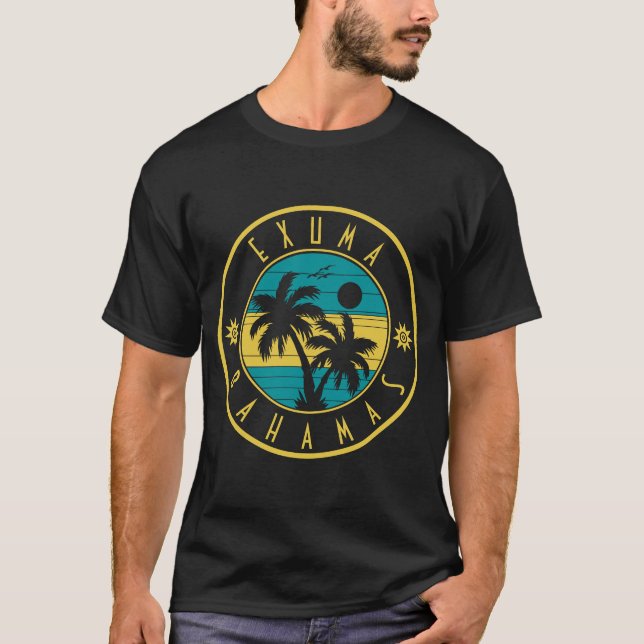 Camiseta Ilhas Bahamas Exuma Retro Palm Trees Souvenirs (Frente)