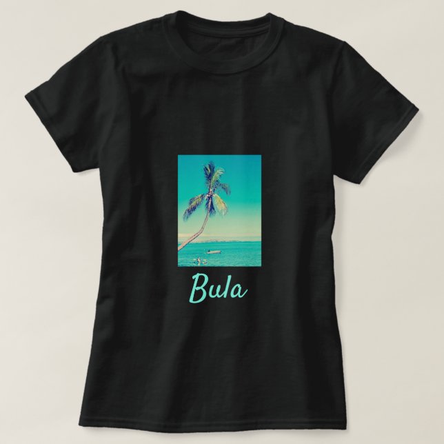 Camiseta Ilhas Fiji Bula coqueiros viagem (Frente do Design)
