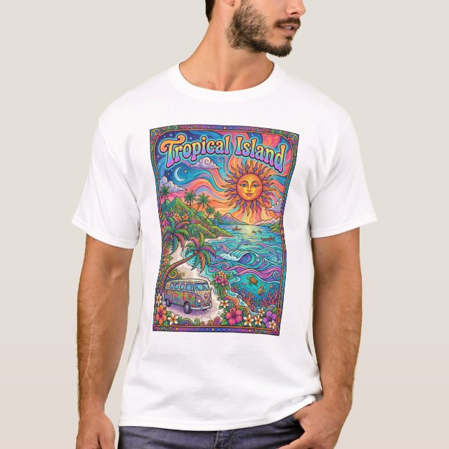 Camiseta ilhéu tropical design psicodélico estilo hippie (Frente)