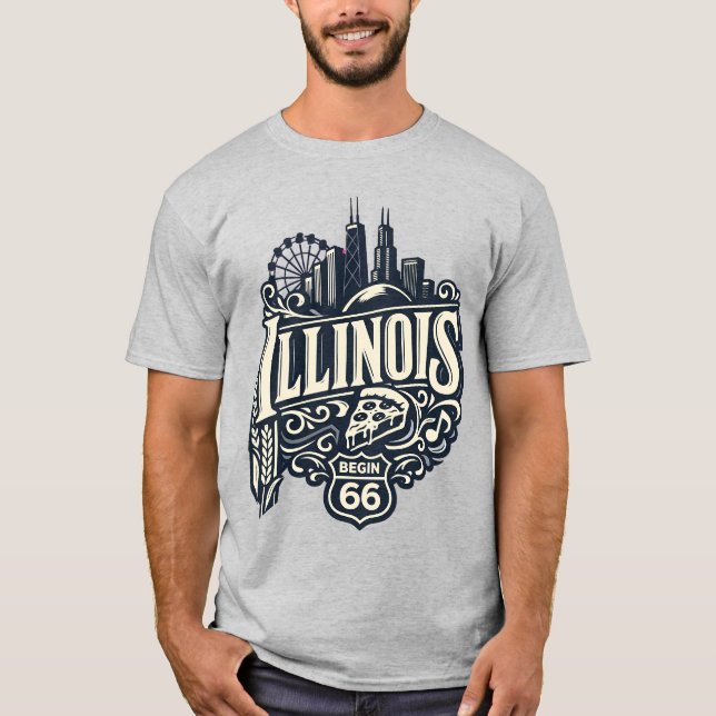 Camiseta Ilinois Antigo, Horizonte de Chicago e Rota 66 (Frente)