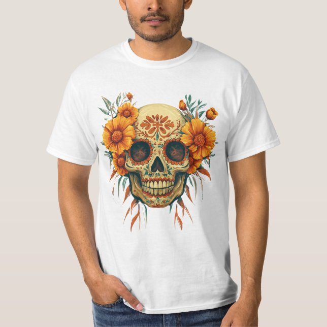 Camiseta Illustration d'un Crâne de Fête des Morts avec Fle (Frente)