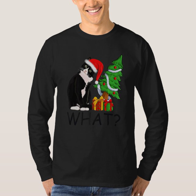 Camiseta Iluminação da Árvore de Natal Papai Noel Gato Pret (Frente)