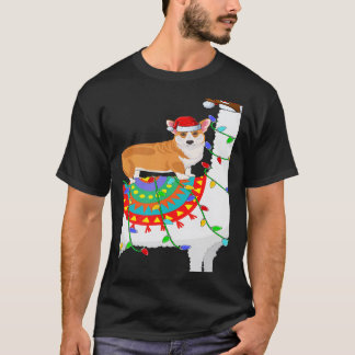 Camiseta Iluminação de Natal Corgi Cachorro Montando Llama