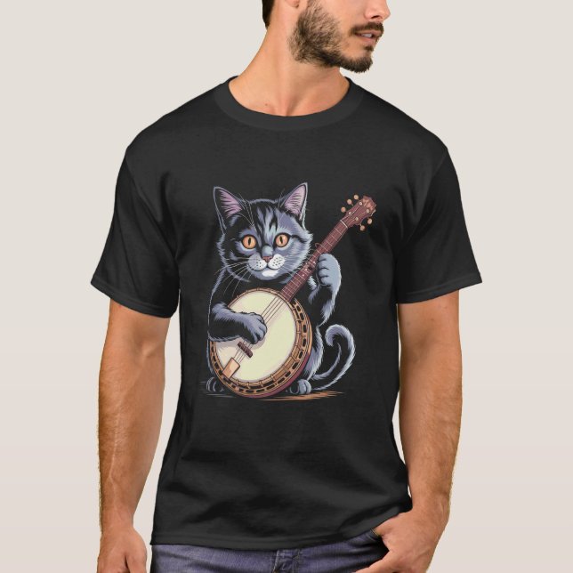 Camiseta Ilustração 1 de Gato Tocando Banjo (Frente)