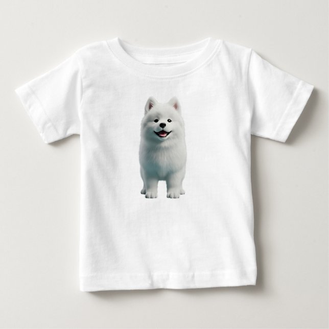 Camiseta Ilustração 3D de Cachorro Samoyed Branco Fofinho e (Frente)