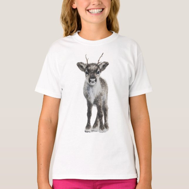 Camiseta Ilustração Adorável de Bezerro de Rena Fofa para C (Frente)
