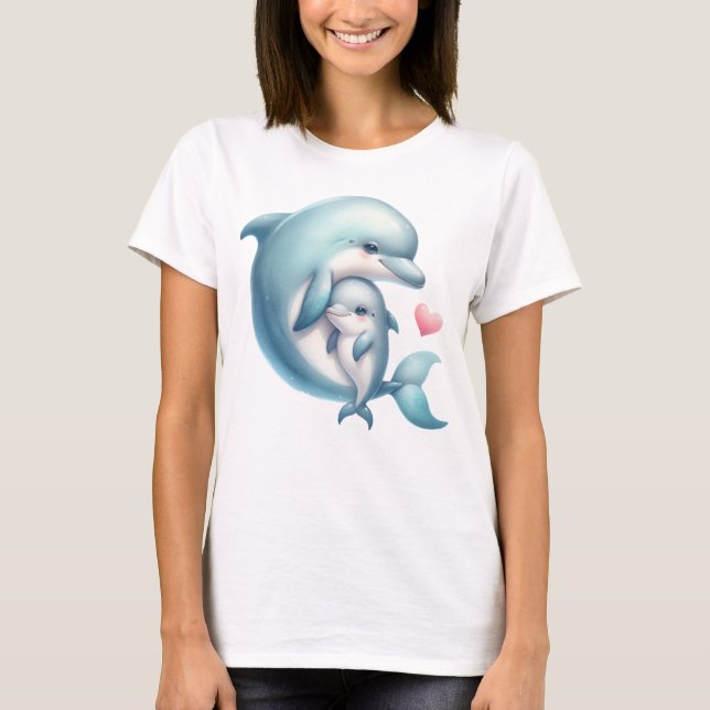Camiseta Ilustração Adorável de Mãe de Golfinho e Coração d (Frente)