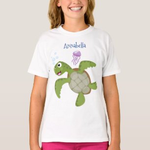 Camiseta Ilustração animada feliz da tartaruga verde-branca