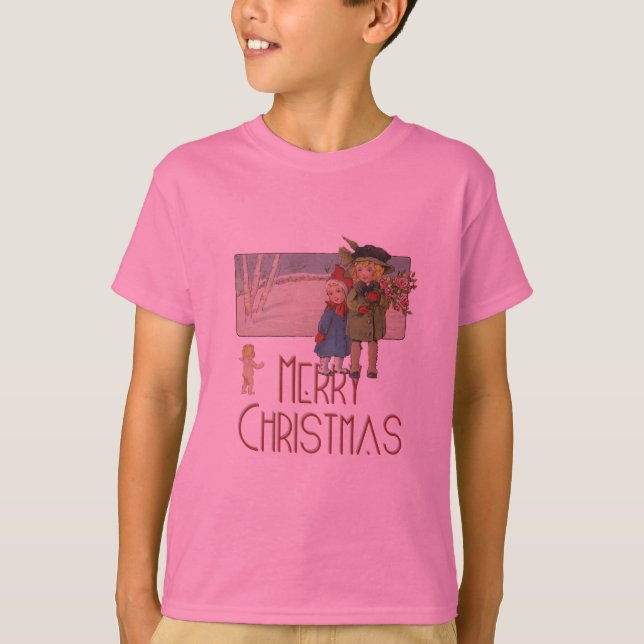 Camiseta Ilustração Antiga de Crianças no Natal 1920 (Frente)