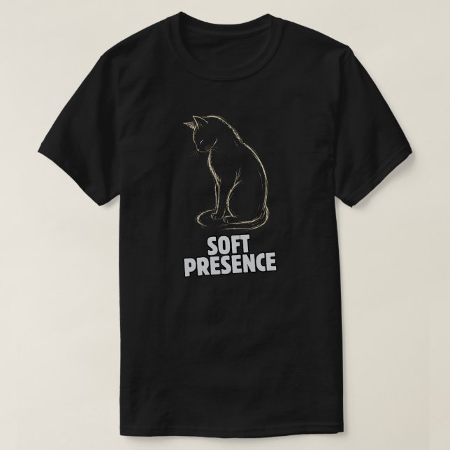 Camiseta Ilustração Artística de Gato com Presença Suave Mí (Frente do Design)