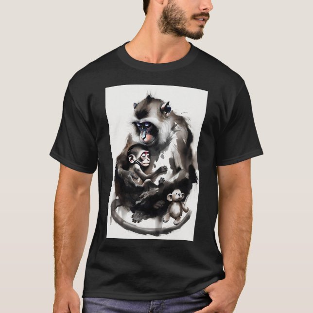 Camiseta Ilustração Artística de Mãe e Bebê Macaco em Tinta (Frente)
