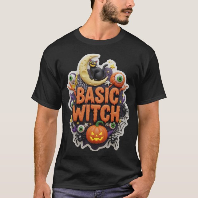 Camiseta Ilustração básica de bruxa alegre de Halloween (Frente)