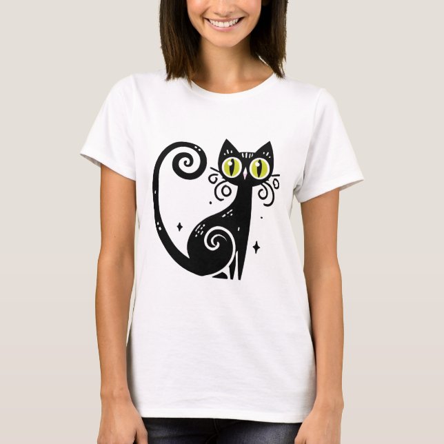 Camiseta Ilustração Caprichosa de Gato Preto (Frente)