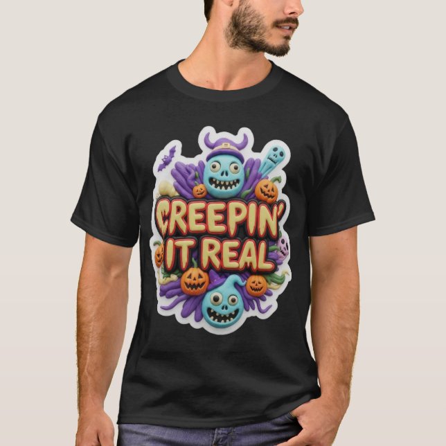 Camiseta Ilustração caprichosa de Halloween em argila com e (Frente)