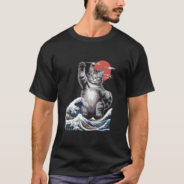 Camiseta Ilustração Catzilla Grande Onda Mashup Manga Longa (Frente)