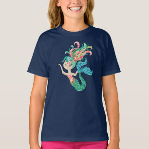Camiseta Ilustração colorida da sereia das flores do mar