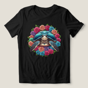 Camiseta Ilustração Colorida da Tartaruga Cercada por Rosas