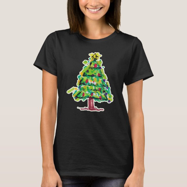 Camiseta Ilustração Colorida de Árvore de Natal (Frente)