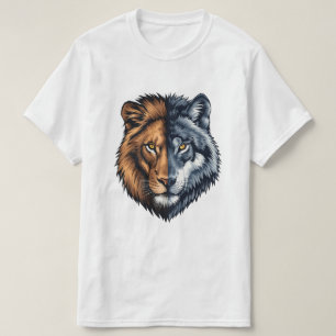 Camiseta Ilustração Colorida de Leão Lobo com Rosto Dividid