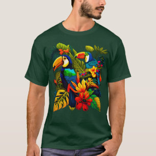 Camiseta Ilustração colorida de tucanos tropicais