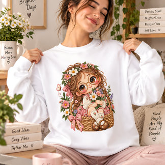 Camiseta Ilustração Cottagecore de Menina Floral Fofa em Ce