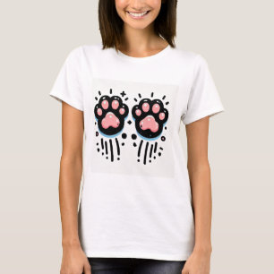 Camiseta Ilustração Criativa de Pegadas de Gato Rosa Fofo