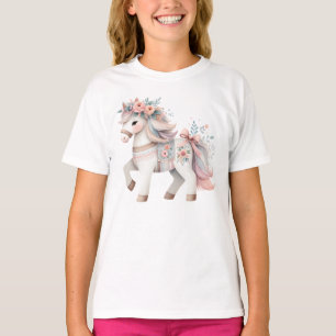 Camiseta Ilustração da Fantasia Floral Pastel Horse