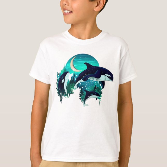 Camiseta Ilustração da Natureza Azul Legal de Baleias Assas (Frente)