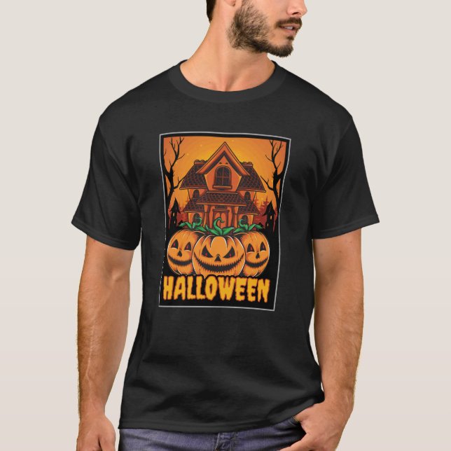 Camiseta Ilustração de Abóbora de Casa Assombrada de Hallow (Frente)