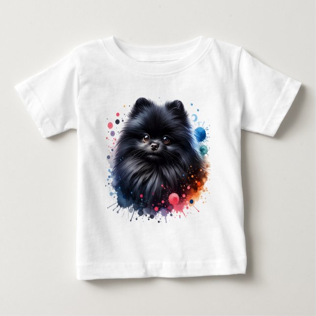 Camiseta Ilustração de aquarela pomeraniana preta (Frente)