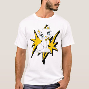 Camiseta Ilustração de Arte Pop de Gatinho Branco Fofo