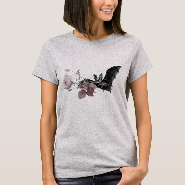 Camiseta Ilustração de Bat vitoriano com rosa fino T-S (Frente)