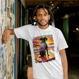 Camiseta Ilustração de BD Colorida Cachorífica Surfar em Ca