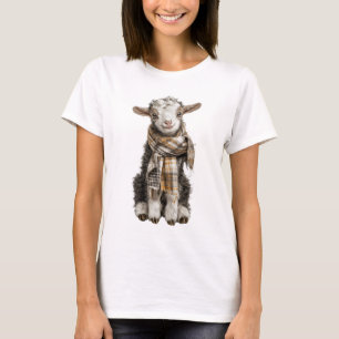 Camiseta Ilustração de Cabrito Adorável com Cachecol Xadrez