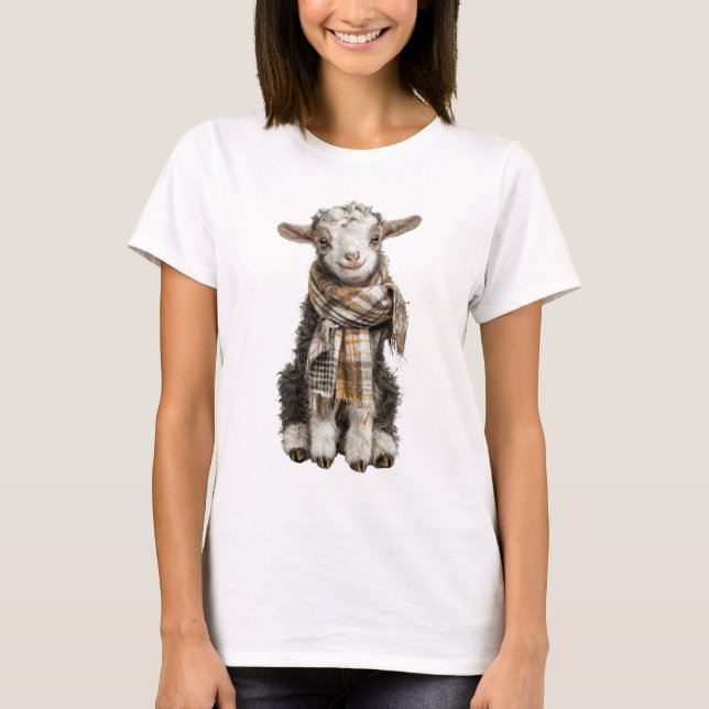 Camiseta Ilustração de Cabrito Adorável com Cachecol Xadrez (Frente)
