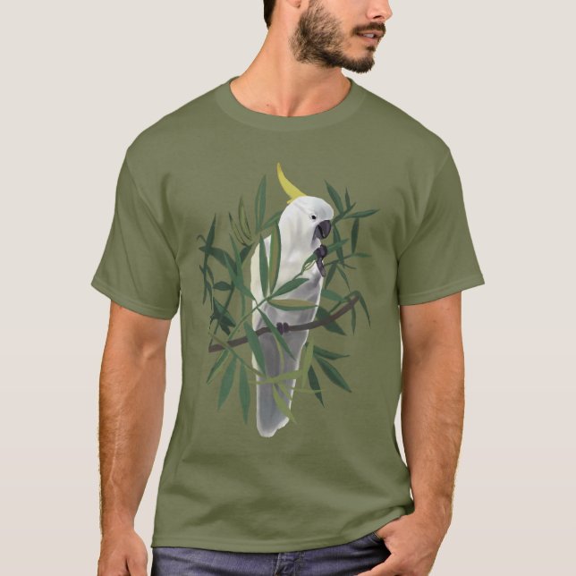 Camiseta Ilustração de Cacatua de Crista Amarela em Árvore (Frente)