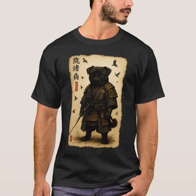 Camiseta Ilustração de cachorro estilo japonês Samurai Pug  (Frente)