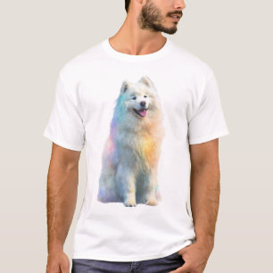 Camiseta Ilustração de Cachorro Samoyed com Pelagem Arco-ír