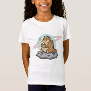 Camiseta Ilustração de Café com Dinossauro Espacial Fofo