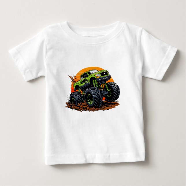 Camiseta Ilustração de Caminhão Monstro Verde Correndo Off- (Frente)