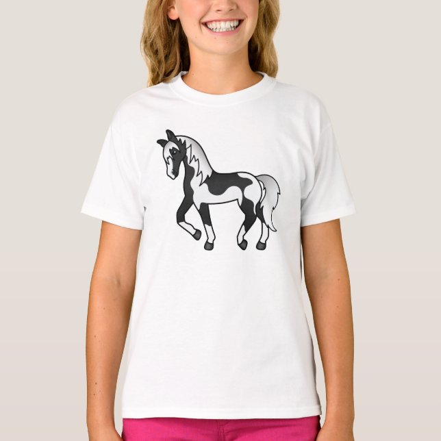 Camiseta Ilustração de Cartoon de Cavalo Trotante de Pinto  (Frente)