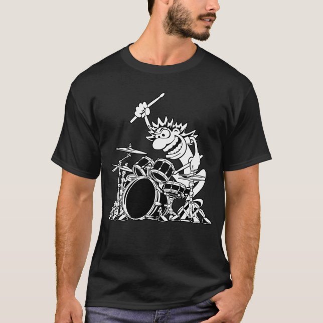 Camiseta Ilustração de Cartoon de Drummer Louca (Frente)
