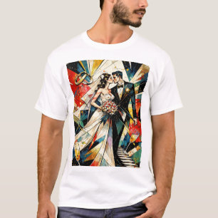 Camiseta Ilustração de Casal de Noivos em Arte Deco Moderna