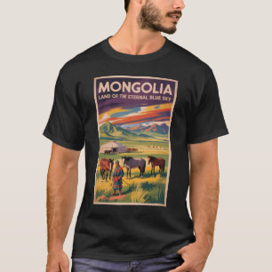 Camiseta Ilustração de Cavalos Yurt da Mongólia Arte de Via