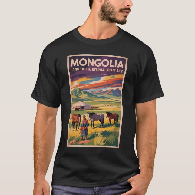 Camiseta Ilustração de Cavalos Yurt da Mongólia Arte de Via (Frente)
